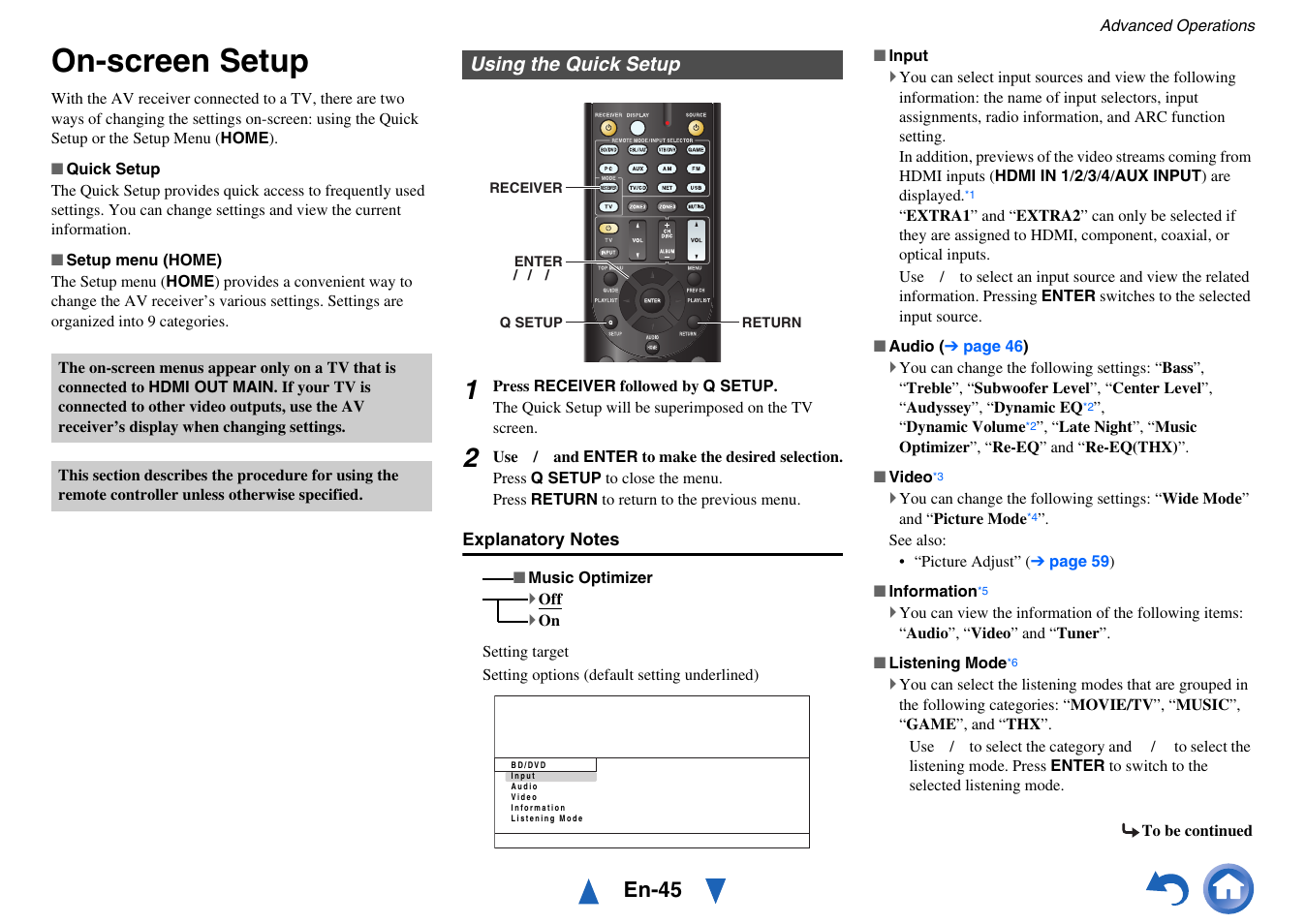 Advanced operations, On-screen setup, Using the quick setup | Button, See “on-screen setup, Details, Setup, En-45 | Onkyo AV RECEIVER HT-RC470 User Manual | Page 45 / 144