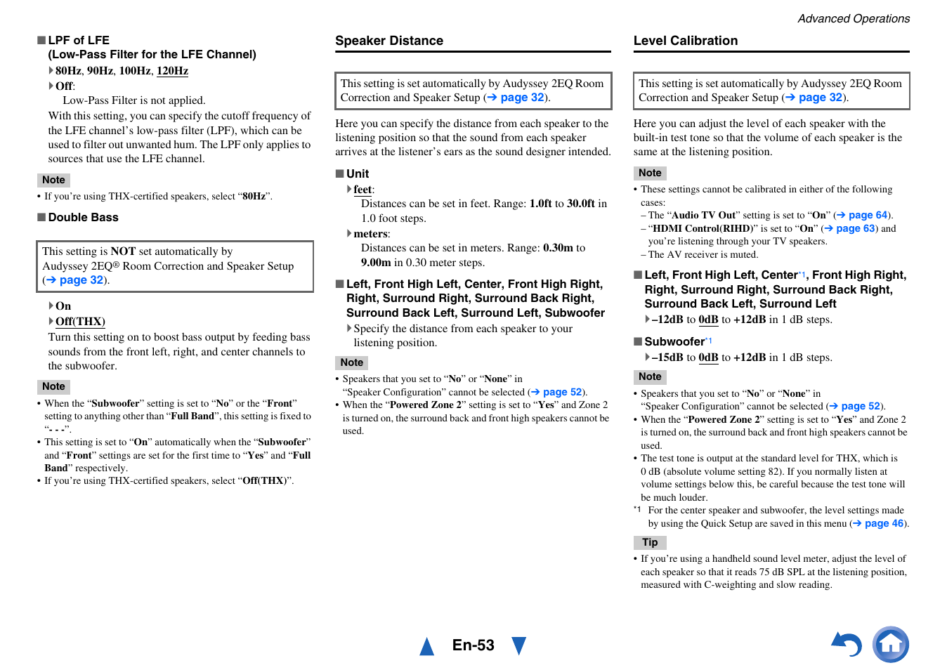 Speaker distance, Level calibration, Go to “level calibration | Before, En-53 | Onkyo AV RECEIVER HT-RC470 User Manual | Page 53 / 144