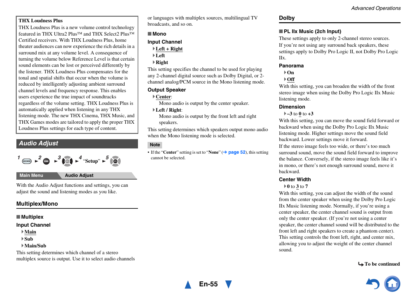 Audio adjust, En-55 | Onkyo AV RECEIVER HT-RC470 User Manual | Page 55 / 144