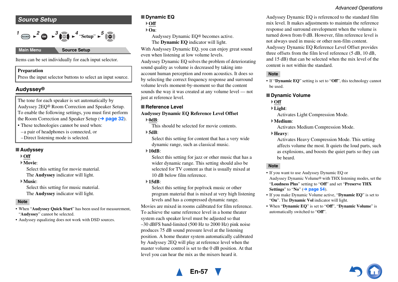 Source setup, Audyssey, Dynamic eq | Dynamic volume, See “audyssey” in “source setup, Dynamic eq” i, Dynamic volume” i, En-57 | Onkyo AV RECEIVER HT-RC470 User Manual | Page 57 / 144