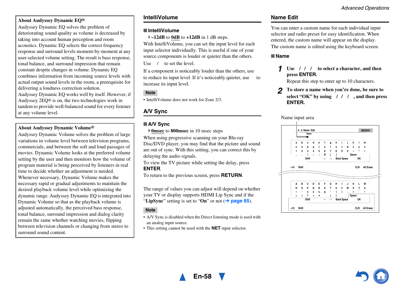 En-58, Intellivolume, A/v sync | Name edit | Onkyo AV RECEIVER HT-RC470 User Manual | Page 58 / 144