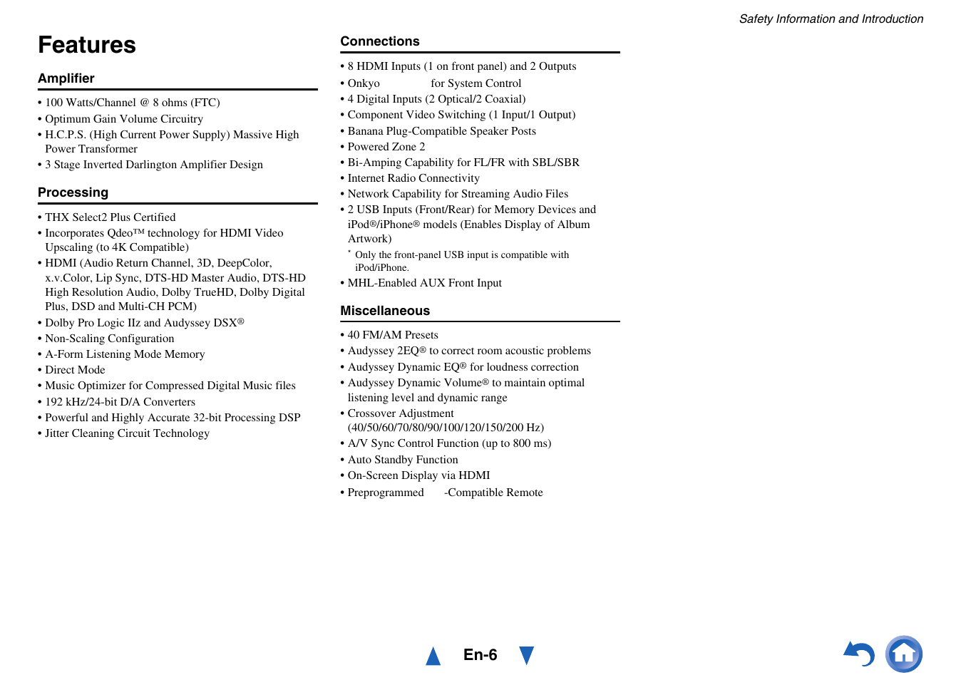 Features, En-6 | Onkyo AV RECEIVER HT-RC470 User Manual | Page 6 / 144