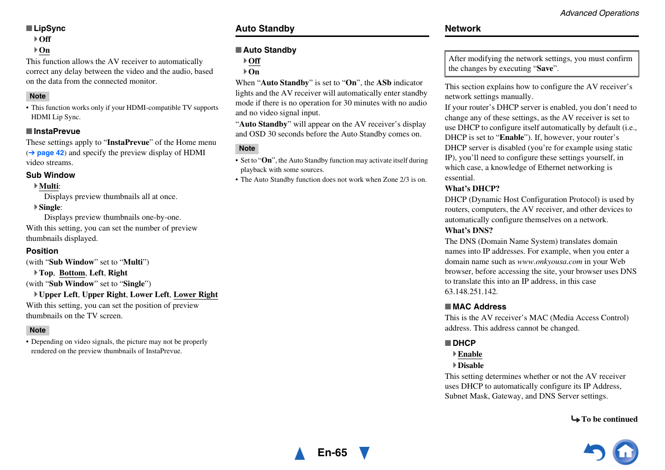 Auto standby, En-65 | Onkyo AV RECEIVER HT-RC470 User Manual | Page 65 / 144