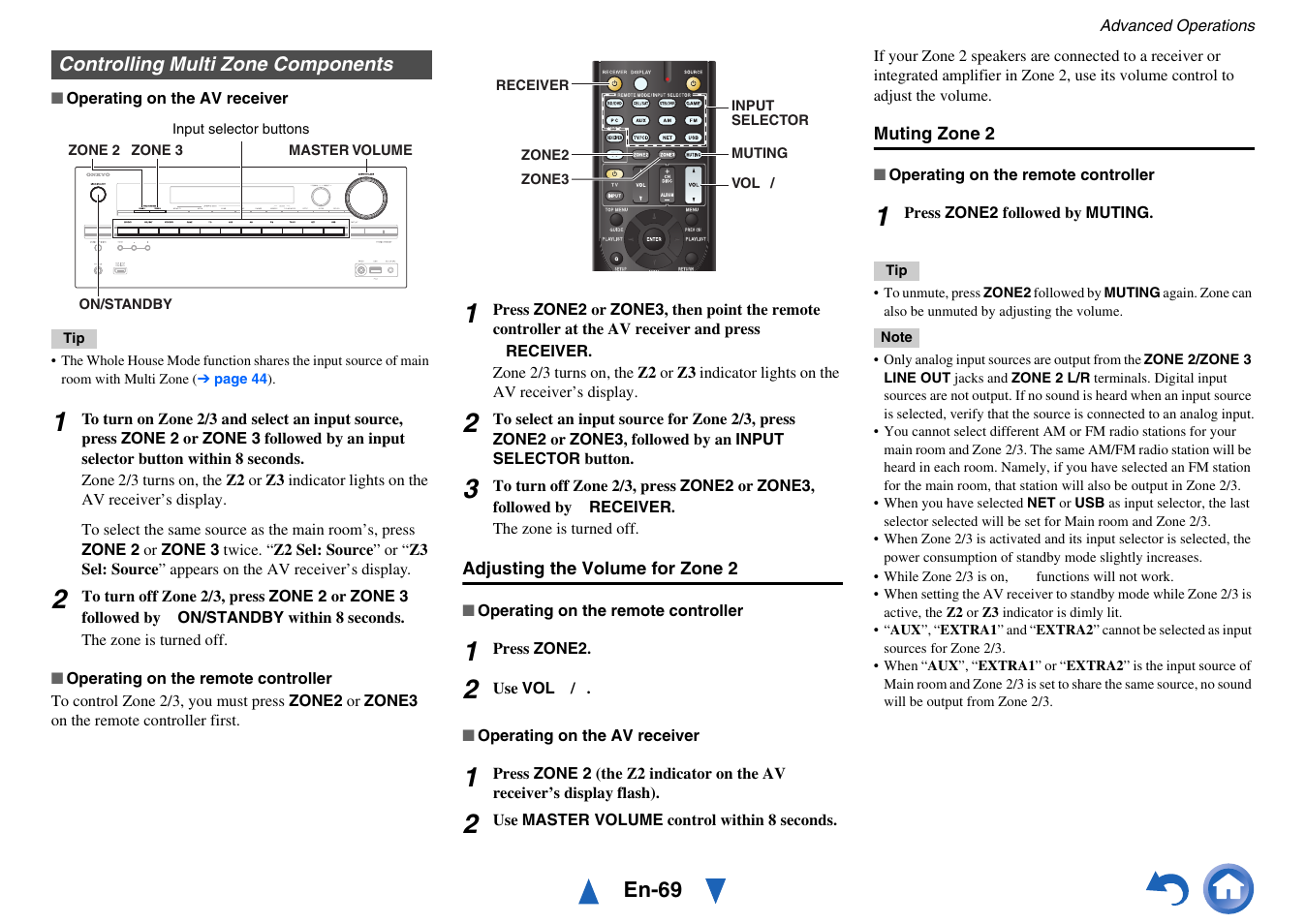 Controlling multi zone components, Cator, Adjusting the volume for zone 2 | Onkyo AV RECEIVER HT-RC470 User Manual | Page 69 / 144