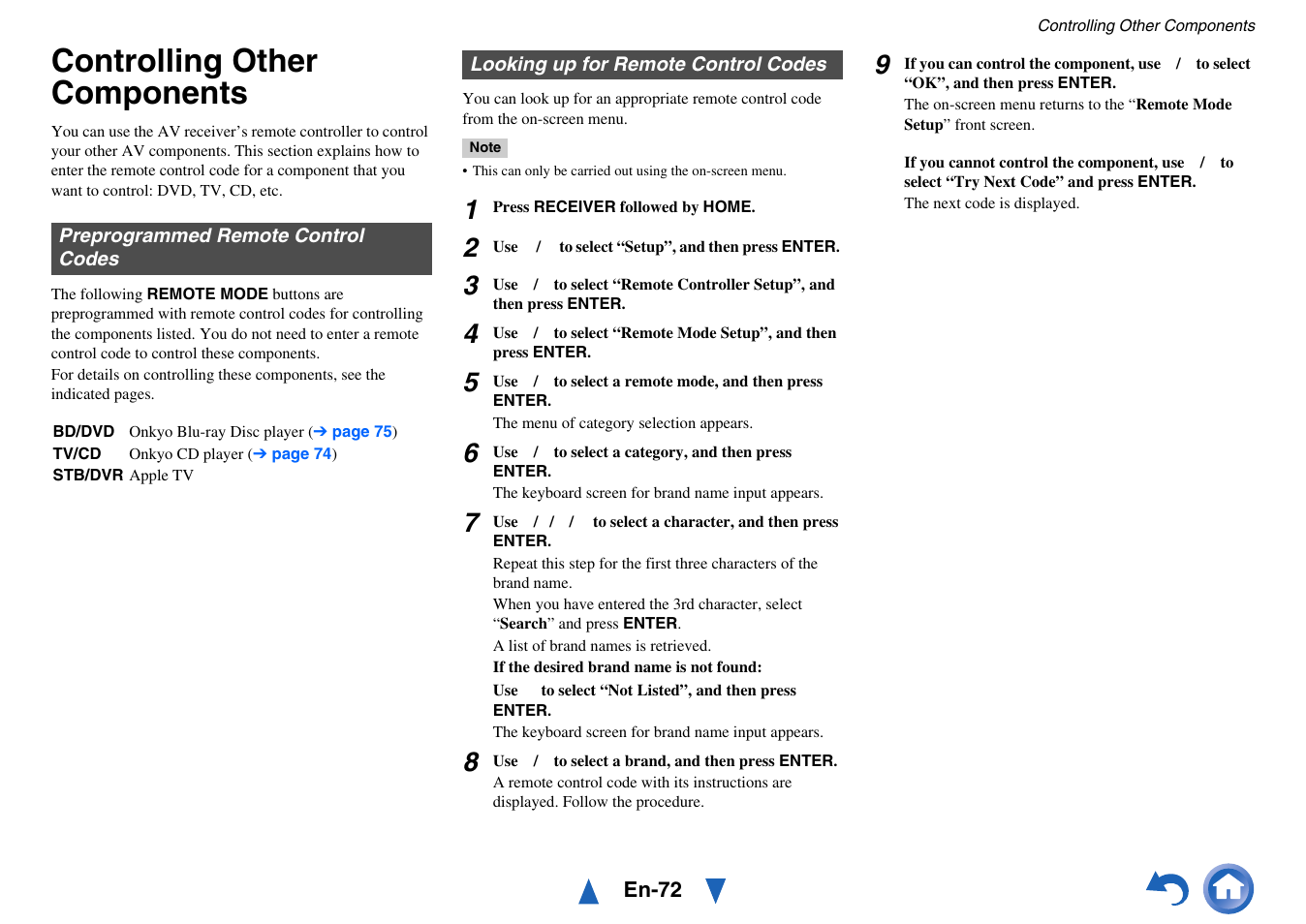 Controlling other components, Preprogrammed remote control codes, Looking up for remote control codes | Step 5 of “looking up for remote control codes, See “looking up for remote control codes | Onkyo AV RECEIVER HT-RC470 User Manual | Page 72 / 144