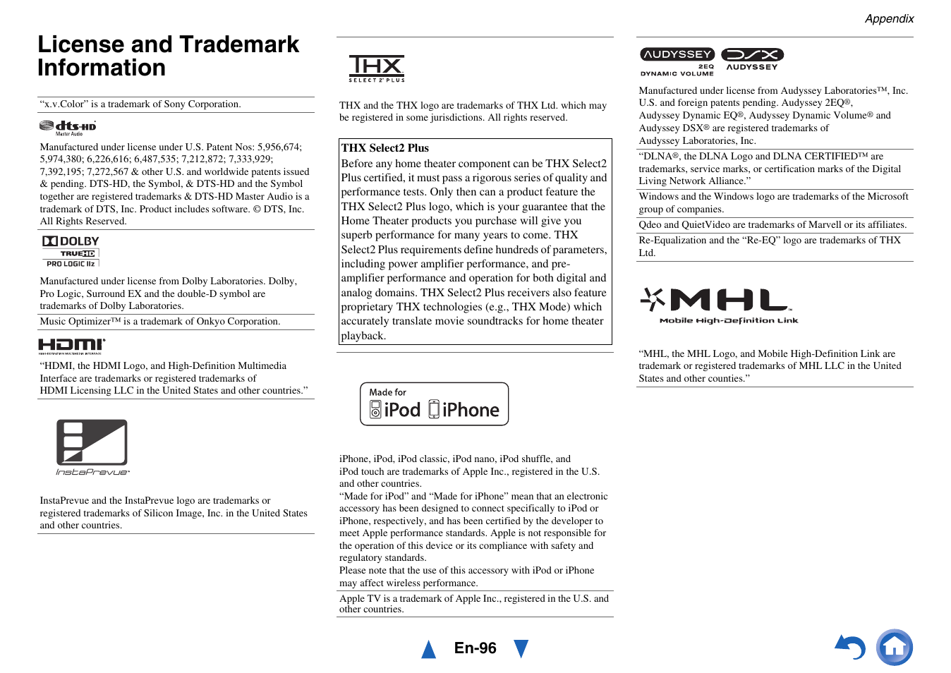 License and trademark information, En-96 | Onkyo AV RECEIVER HT-RC470 User Manual | Page 96 / 144