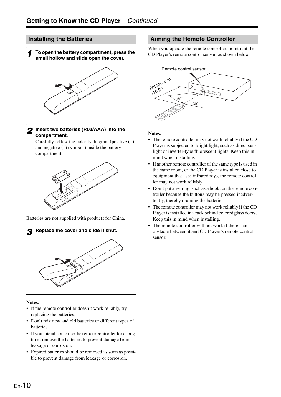 Installing the batteries, Aiming the remote controller, Getting to know the cd player —continued | Onkyo Compact Disc Player C-7030 User Manual | Page 10 / 28