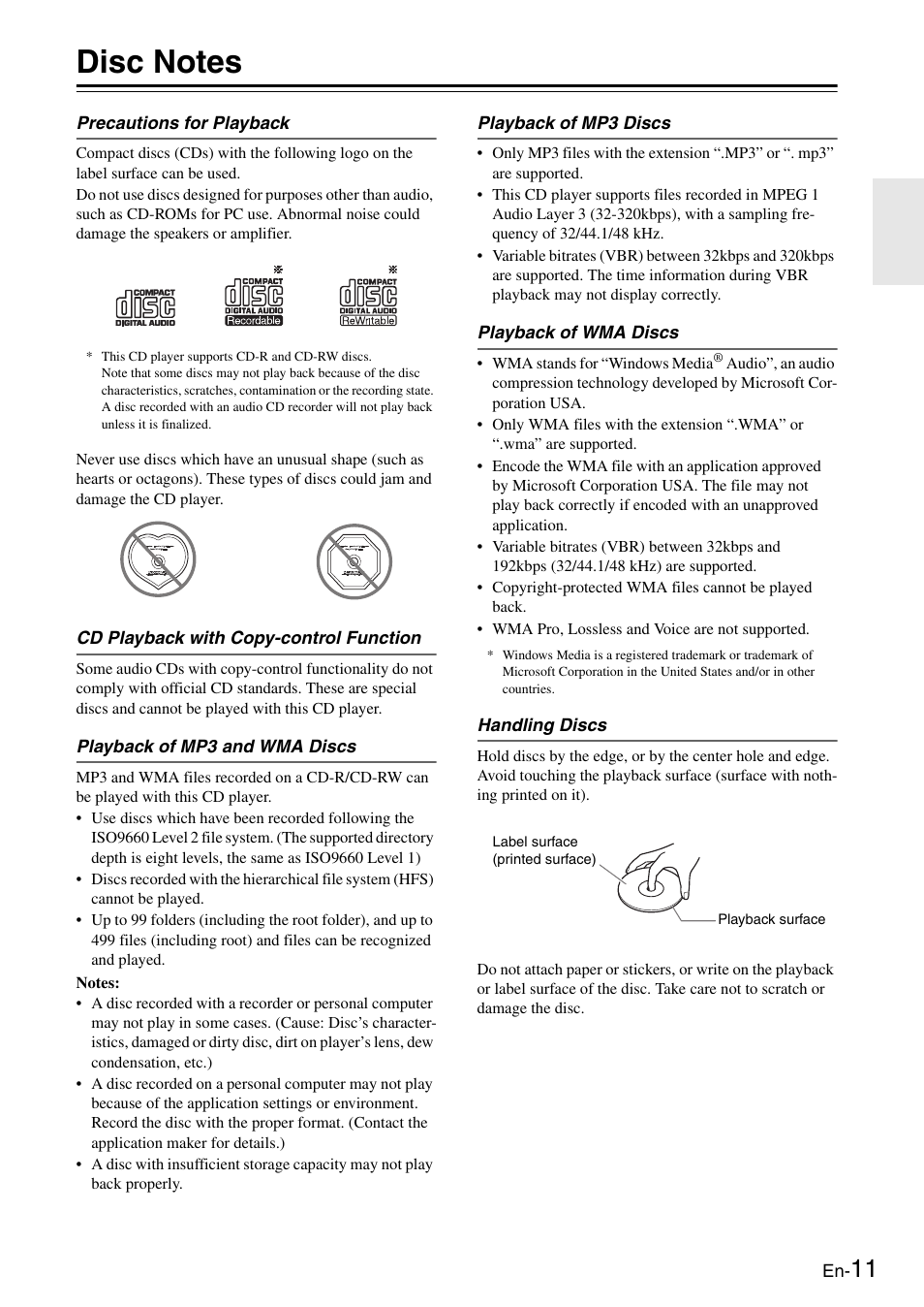 Disc notes | Onkyo Compact Disc Player C-7030 User Manual | Page 11 / 28