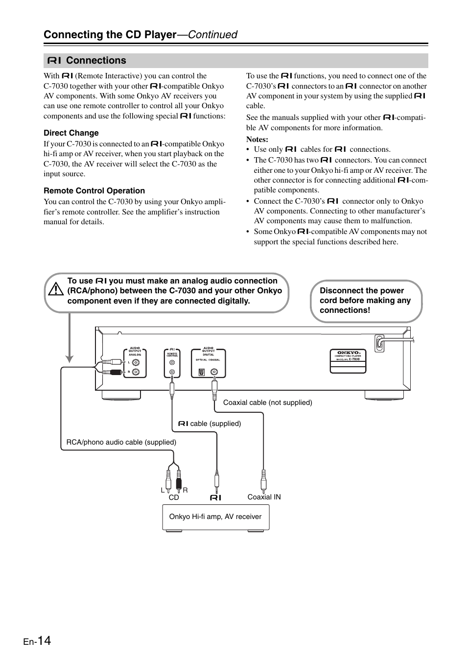 R connections, Connections, Connecting the cd player —continued | Onkyo Compact Disc Player C-7030 User Manual | Page 14 / 28
