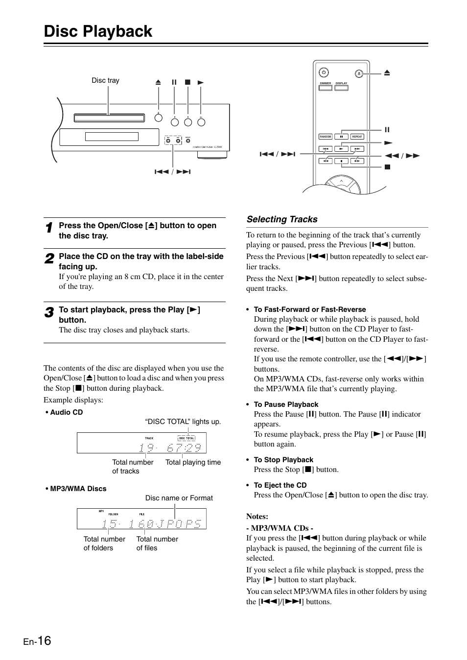 Disc playback, Tton (16 – 19, Tton (16 | Ttons (16 | Onkyo Compact Disc Player C-7030 User Manual | Page 16 / 28