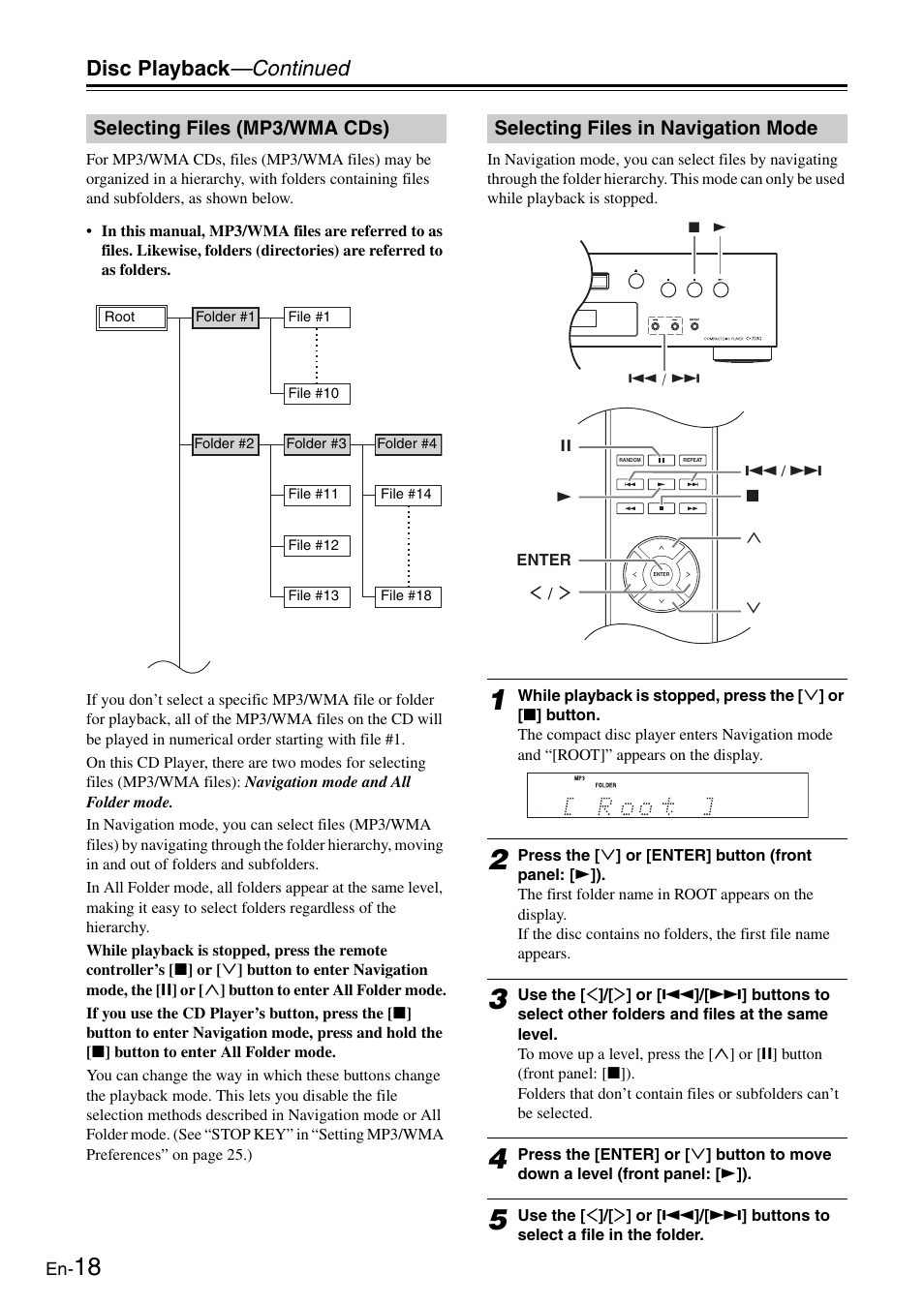 Selecting files (mp3/wma cds), Selecting files in navigation mode, Disc playback —continued | Onkyo Compact Disc Player C-7030 User Manual | Page 18 / 28