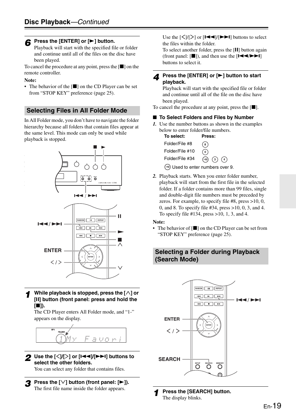 Selecting files in all folder mode, Selecting a folder during playback (search mode), Ons (17, 19) | Disc playback —continued | Onkyo Compact Disc Player C-7030 User Manual | Page 19 / 28
