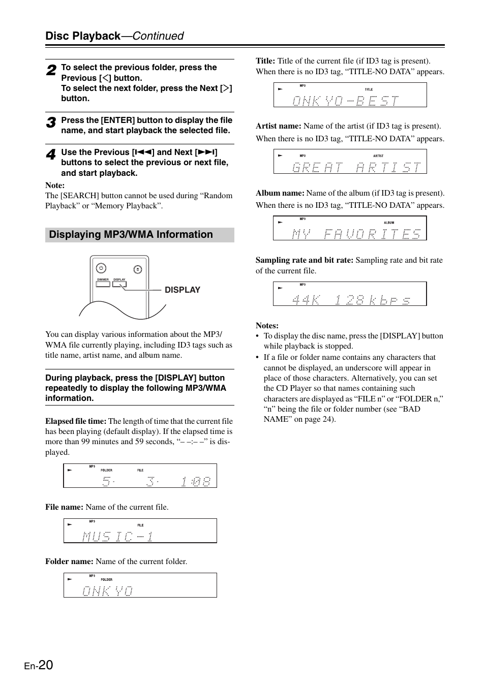 Displaying mp3/wma information, Disc playback —continued | Onkyo Compact Disc Player C-7030 User Manual | Page 20 / 28