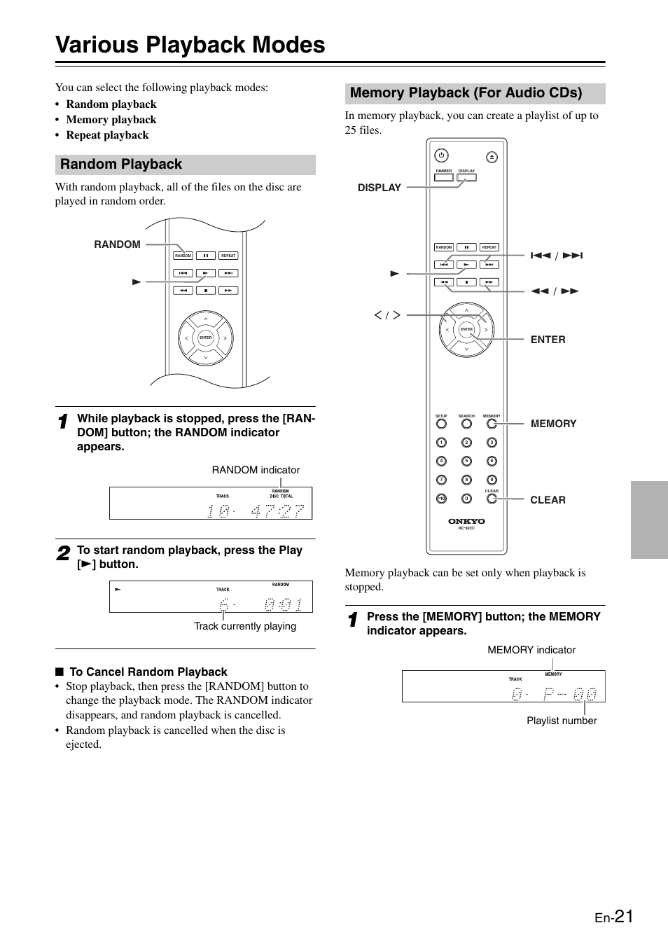 Various playback modes, Random playback, Memory playback (for audio cds) | Random playback memory playback (for audio cds), Tton (21, 22) | Onkyo Compact Disc Player C-7030 User Manual | Page 21 / 28