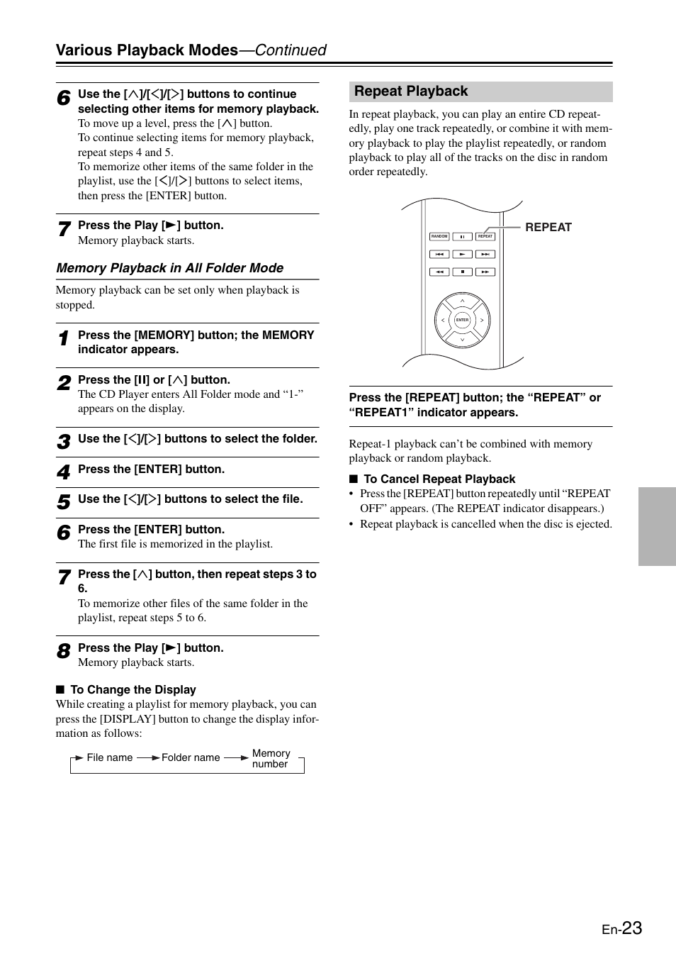 Repeat playback | Onkyo Compact Disc Player C-7030 User Manual | Page 23 / 28