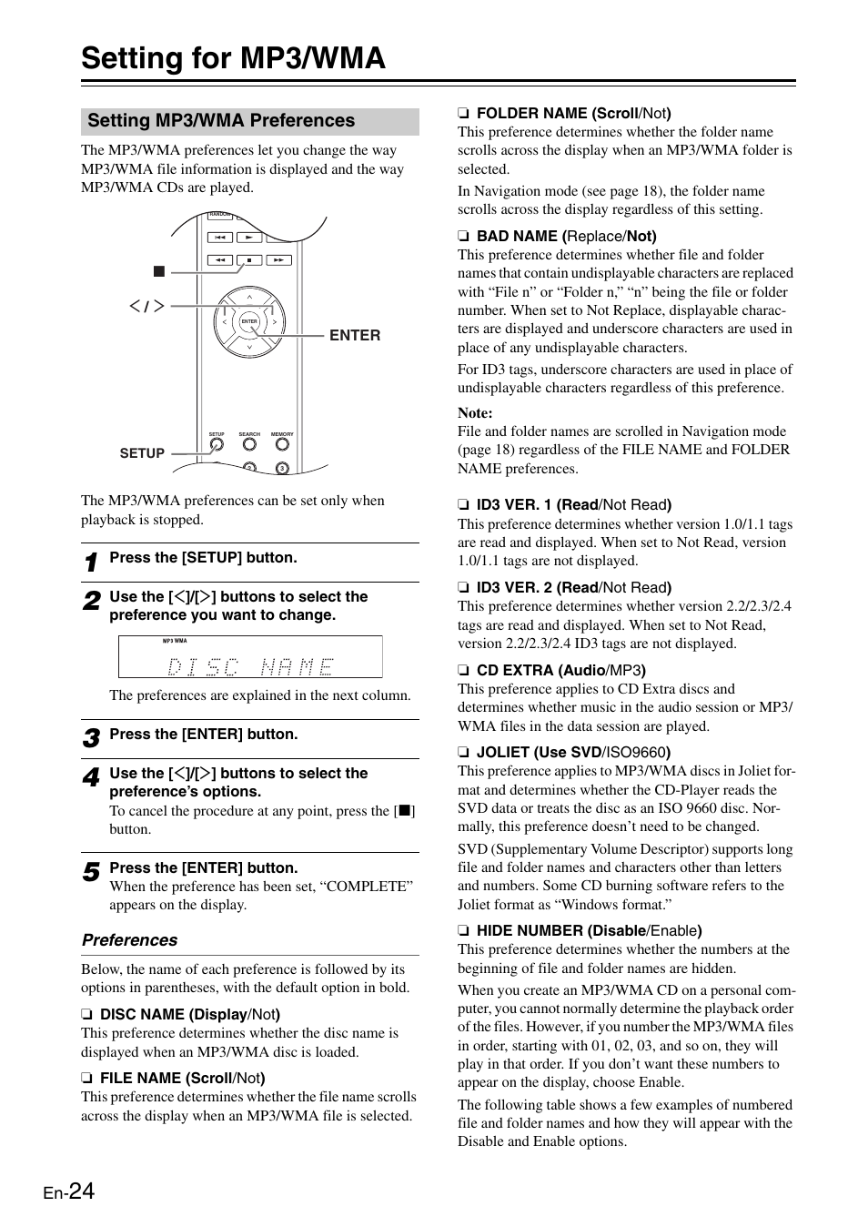 Setting for mp3/wma, Setting mp3/wma preferences | Onkyo Compact Disc Player C-7030 User Manual | Page 24 / 28