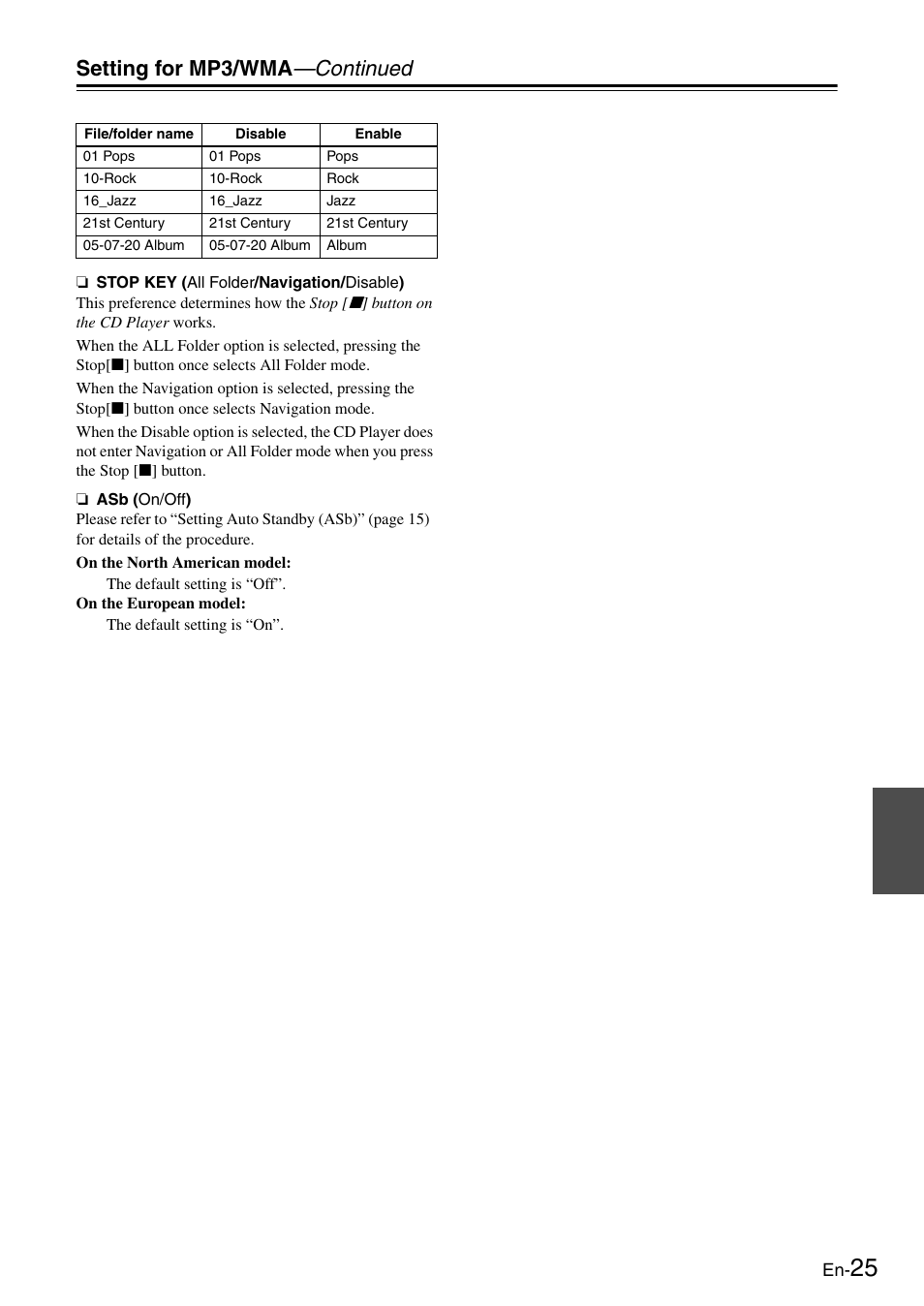 Setting for mp3/wma —continued | Onkyo Compact Disc Player C-7030 User Manual | Page 25 / 28