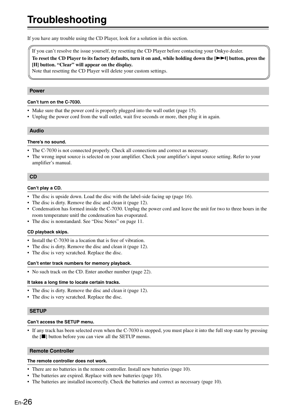 Troubleshooting | Onkyo Compact Disc Player C-7030 User Manual | Page 26 / 28