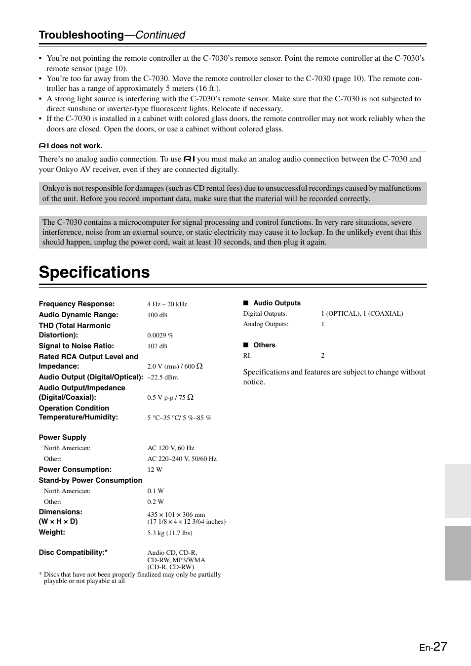 Specifications, Troubleshooting —continued | Onkyo Compact Disc Player C-7030 User Manual | Page 27 / 28