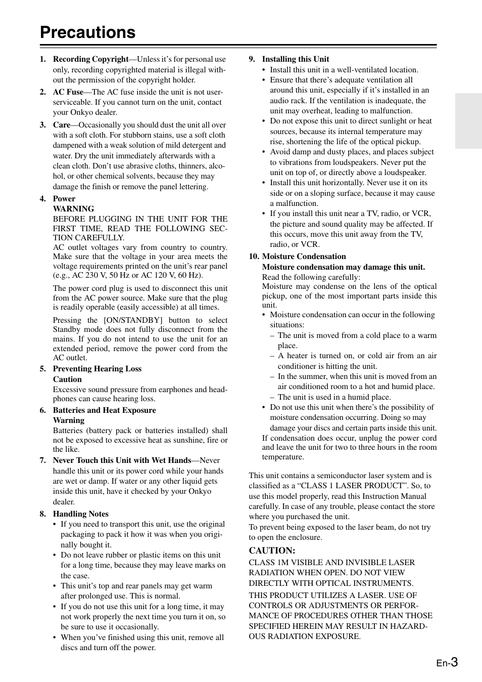 Precautions | Onkyo Compact Disc Player C-7030 User Manual | Page 3 / 28