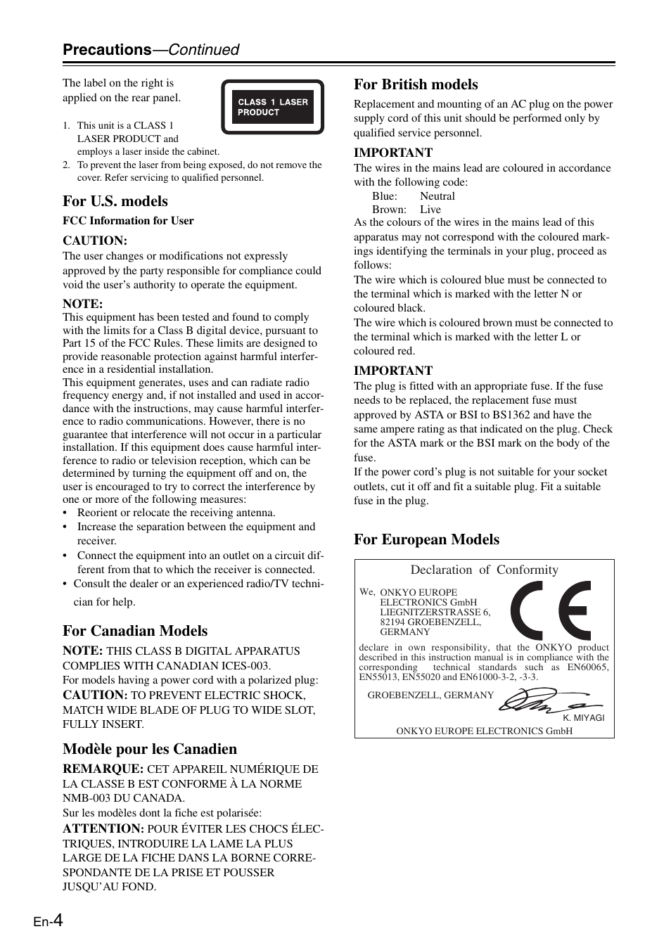 Precautions —continued, For u.s. models, For canadian models | Modèle pour les canadien, For british models, For european models | Onkyo Compact Disc Player C-7030 User Manual | Page 4 / 28