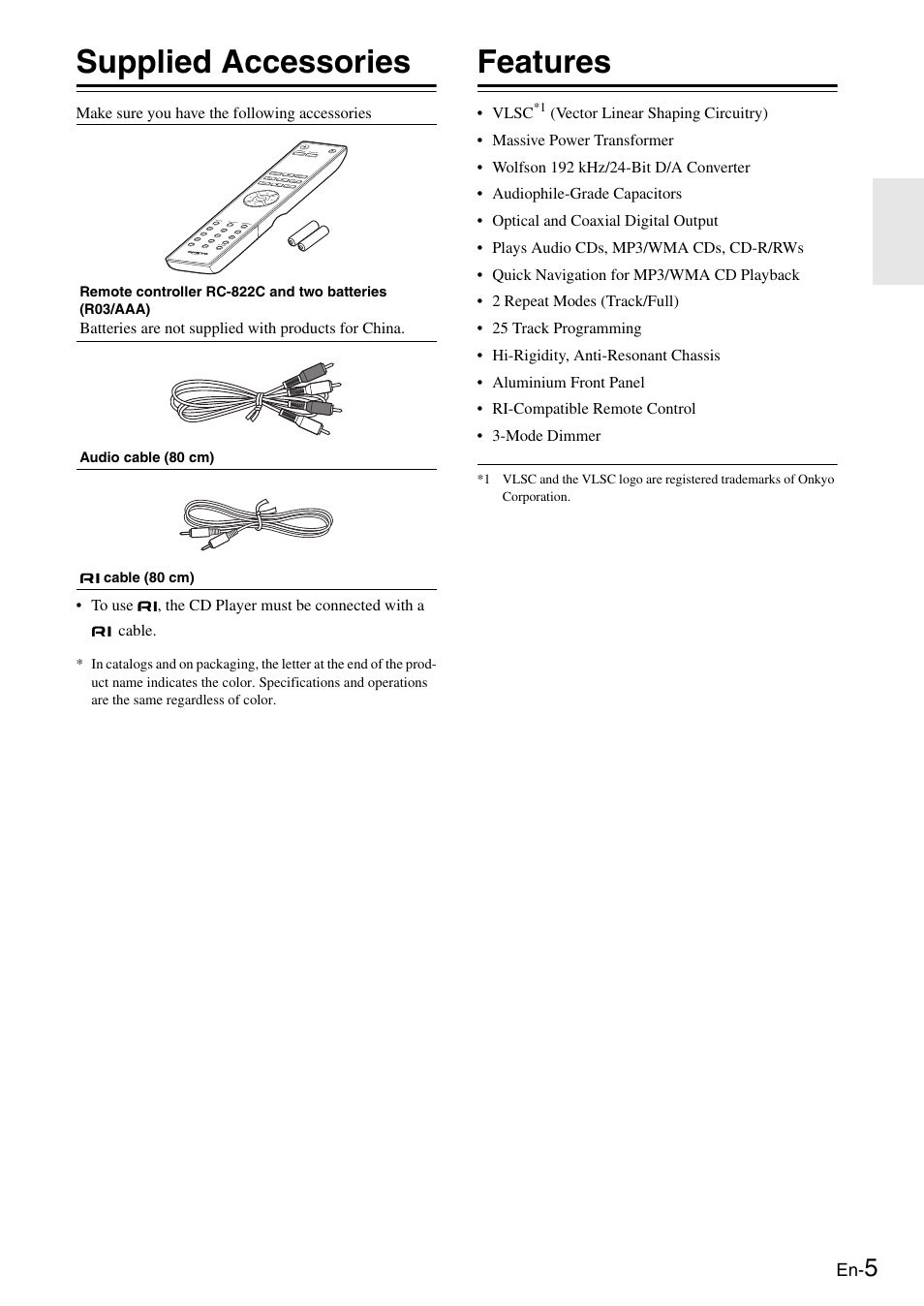 Supplied accessories, Features | Onkyo Compact Disc Player C-7030 User Manual | Page 5 / 28