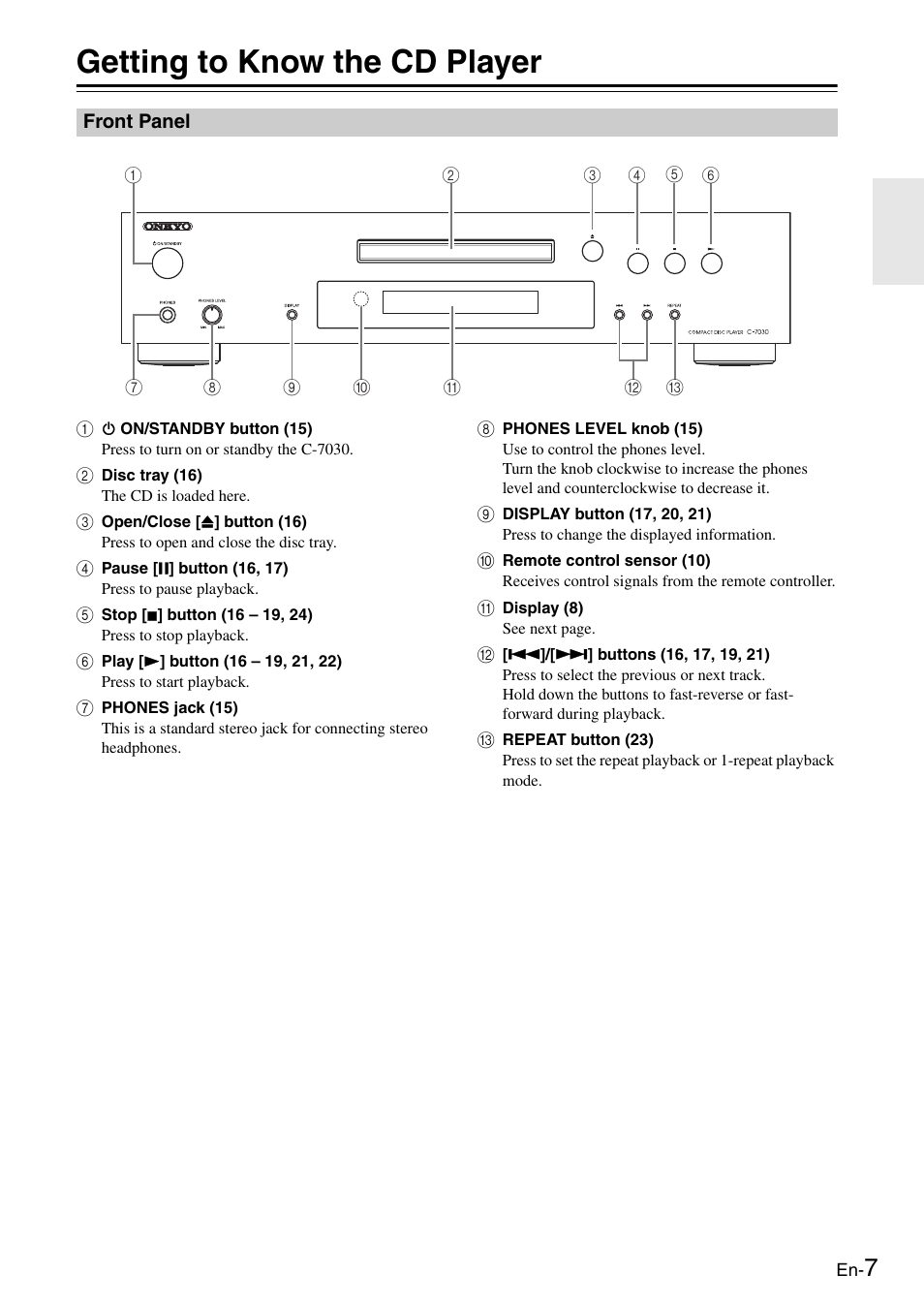 Getting to know the cd player, Front panel | Onkyo Compact Disc Player C-7030 User Manual | Page 7 / 28