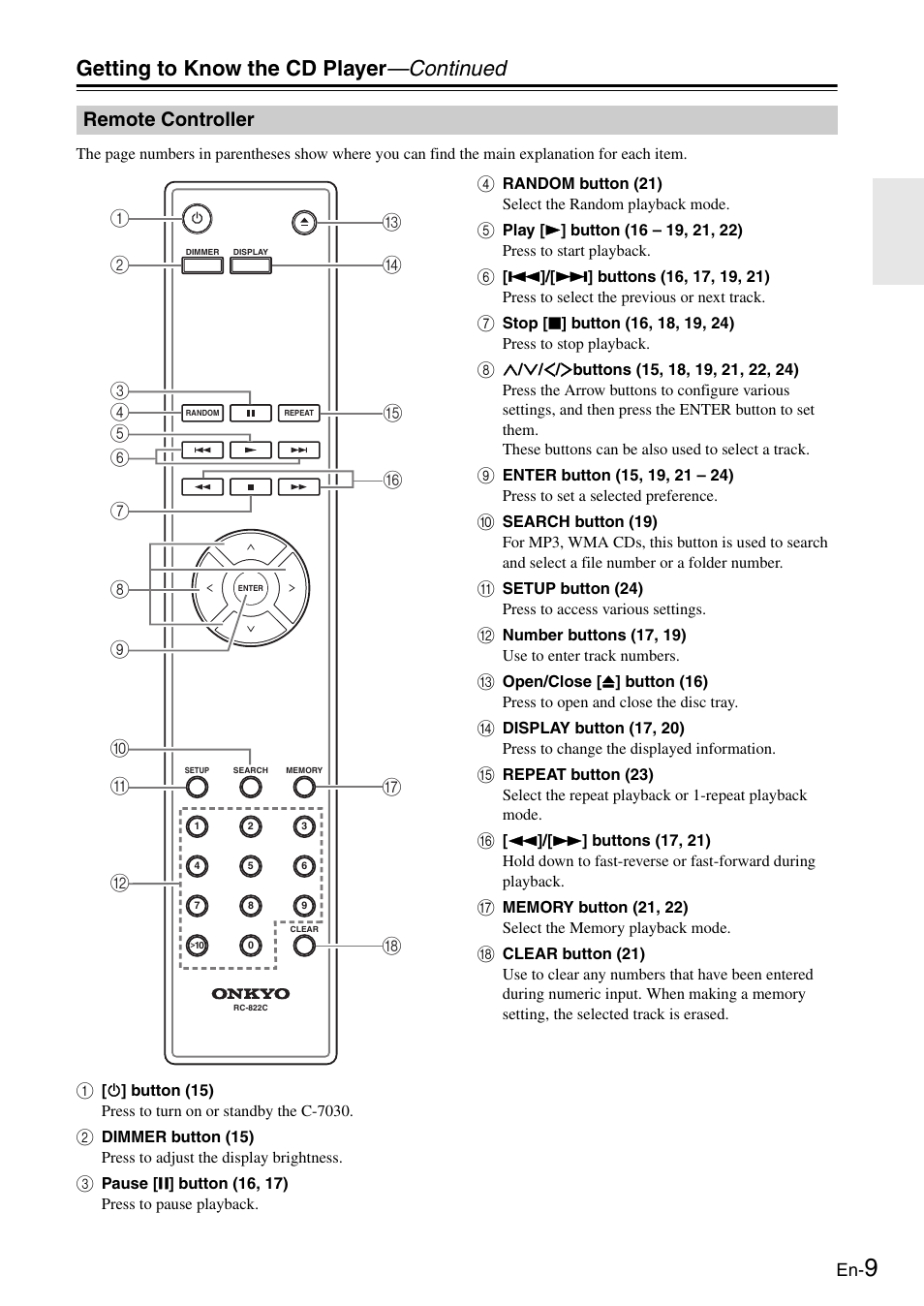 Remote controller, Getting to know the cd player —continued | Onkyo Compact Disc Player C-7030 User Manual | Page 9 / 28