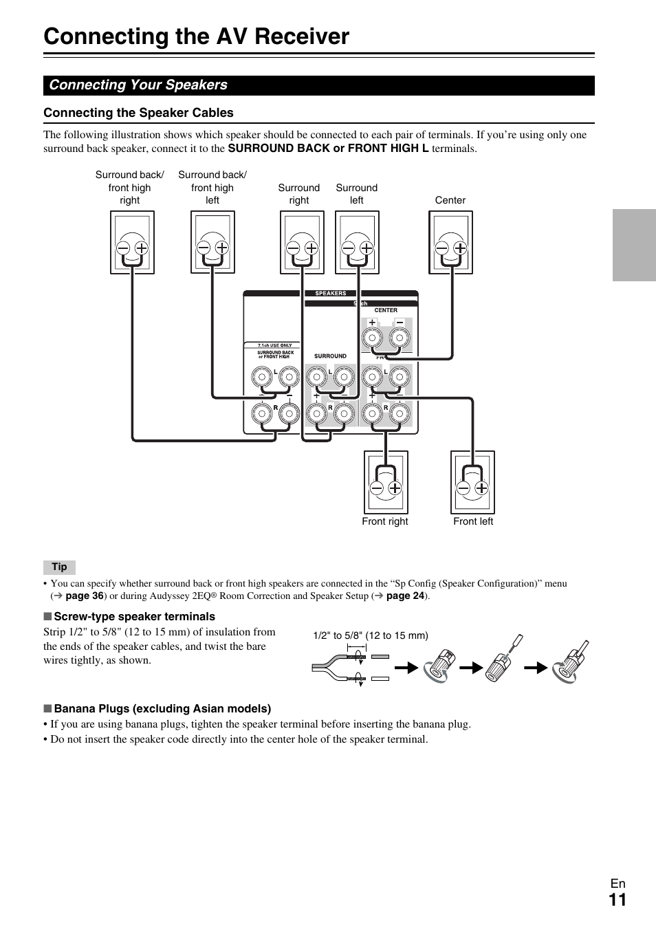 Connections, Connecting the av receiver, Connecting your speakers | See “connecting the av receiver” for | Onkyo HT-R590 User Manual | Page 11 / 60