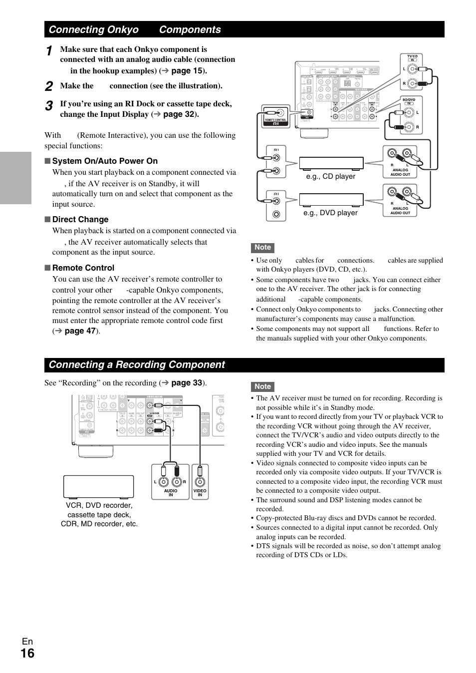 Connecting onkyo ri components, Connecting a recording component, Connecting onkyo | Connecting onkyo components | Onkyo HT-R590 User Manual | Page 16 / 60