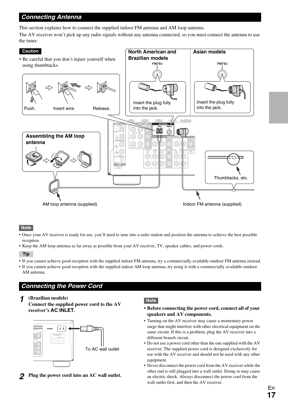 Connecting antenna, Connecting the power cord, Connecting antenna connecting the power cord | Onkyo HT-R590 User Manual | Page 17 / 60