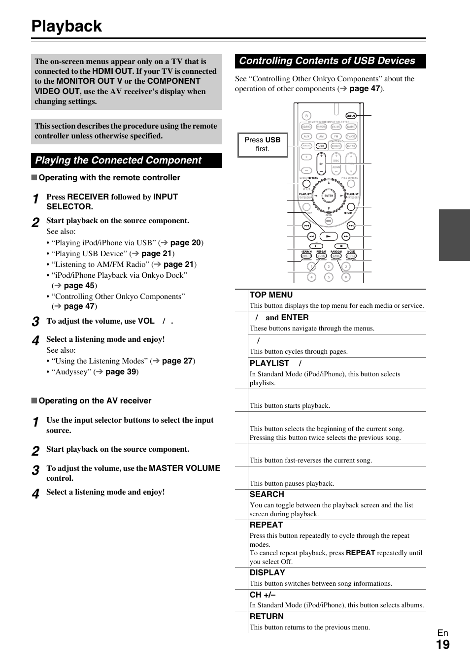 Playback, Playing the connected component, Controlling contents of usb devices | S (19 | Onkyo HT-R590 User Manual | Page 19 / 60