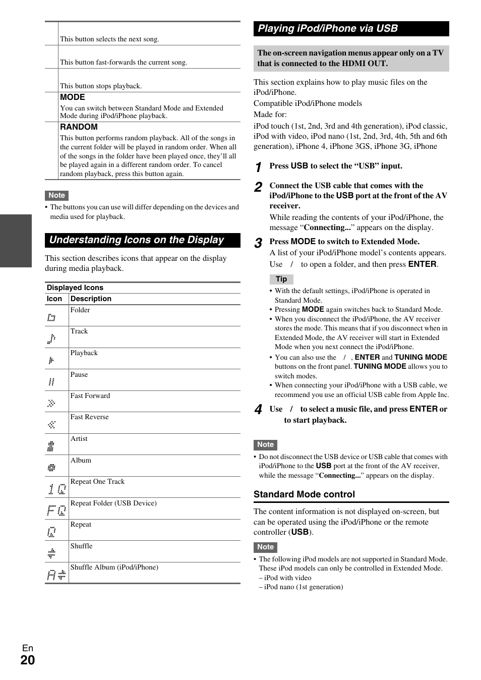 Understanding icons on the display, Playing ipod/iphone via usb | Onkyo HT-R590 User Manual | Page 20 / 60