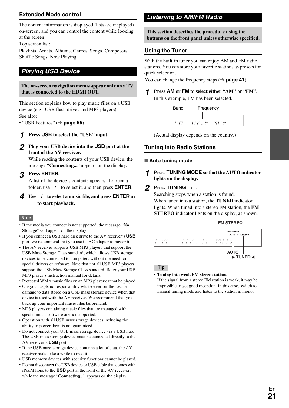 Playing usb device, Listening to am/fm radio, Playing usb device listening to am/fm radio | Button (21) | Onkyo HT-R590 User Manual | Page 21 / 60