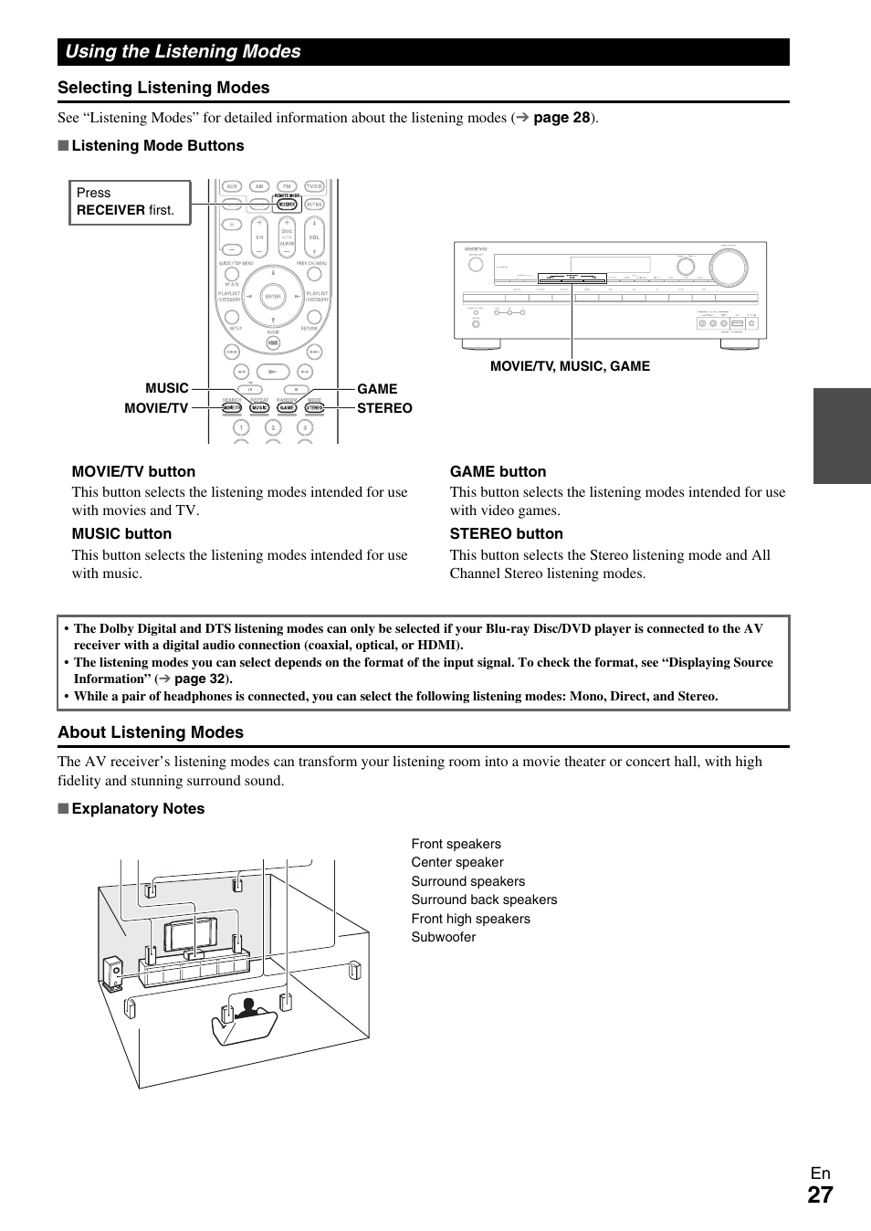 Using the listening modes | Onkyo HT-R590 User Manual | Page 27 / 60