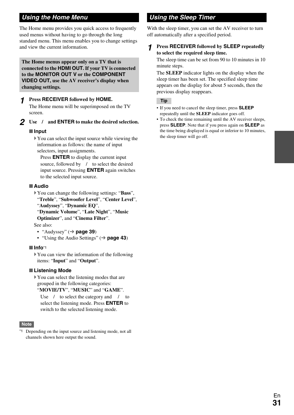 Using the home menu, Using the sleep timer, Using the home menu using the sleep timer | Sleep indicator, Button (31 | Onkyo HT-R590 User Manual | Page 31 / 60