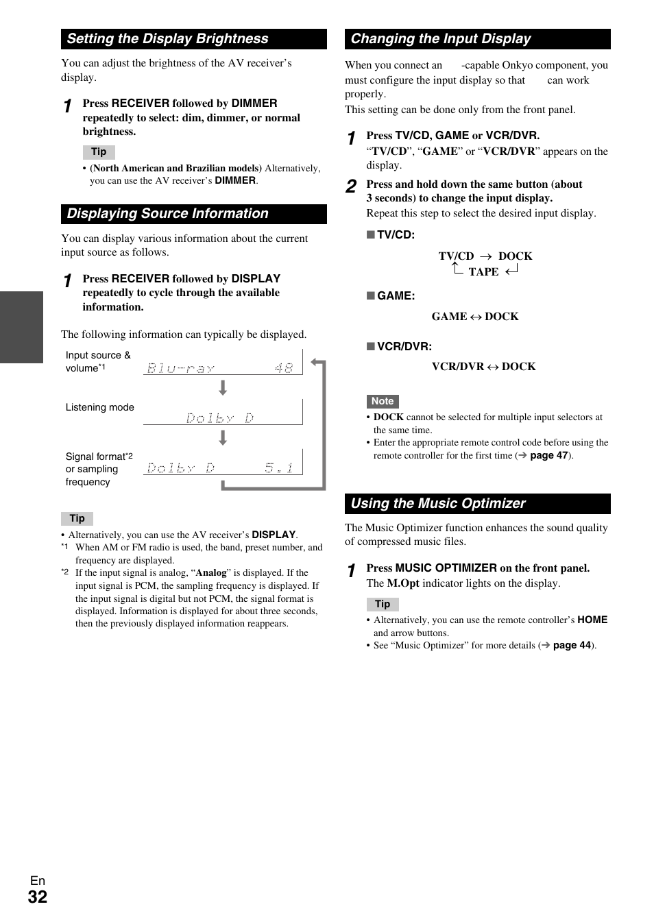 Setting the display brightness, Displaying source information, Changing the input display | Using the music optimizer, Models), Button (32, N (32, Displaying source, Information | Onkyo HT-R590 User Manual | Page 32 / 60