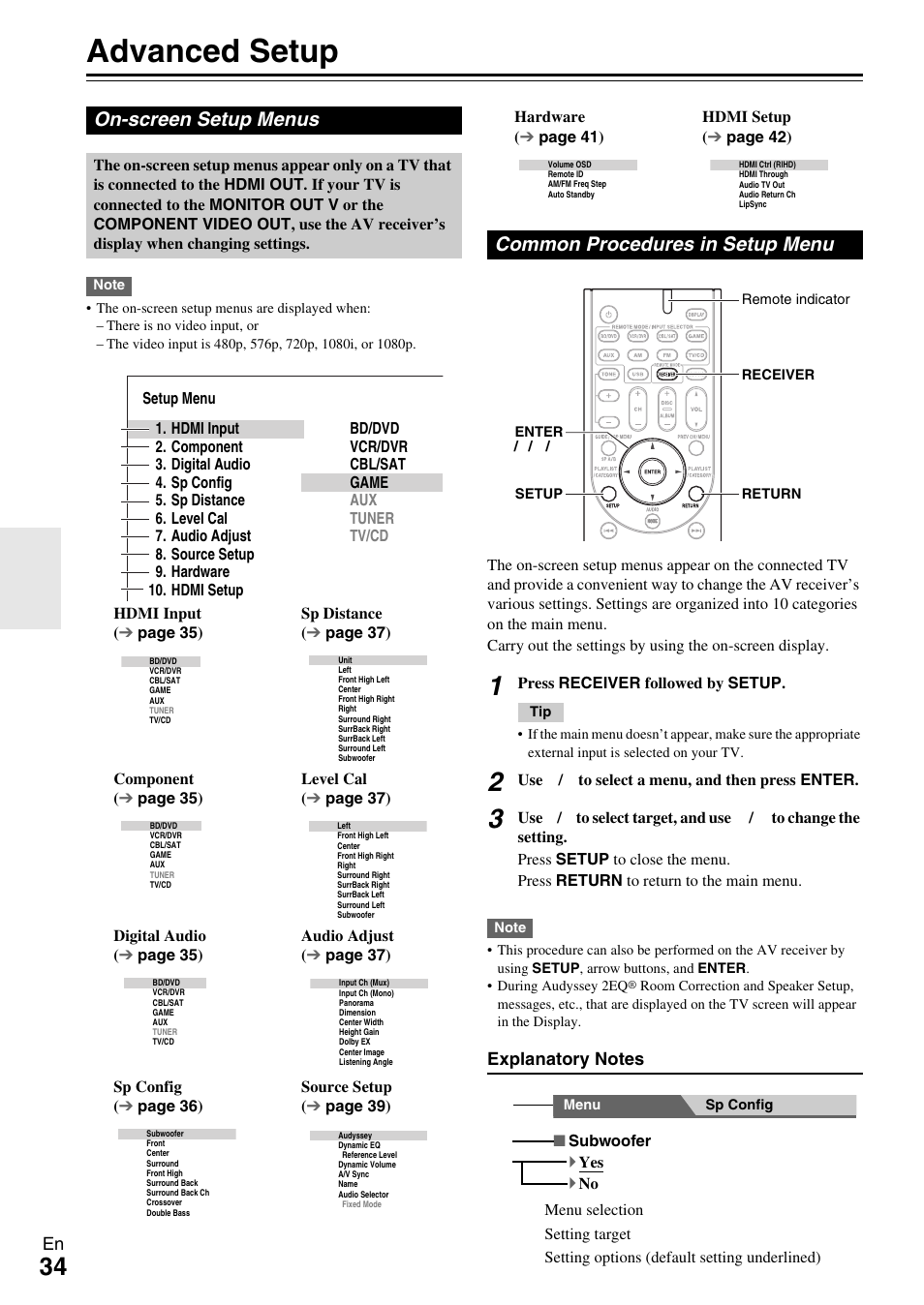 Advanced operations, Advanced setup, On-screen setup menus | Common procedures in setup menu, Button (34), Button (34, Advanced setup” f, Details, Advanced setup” fo | Onkyo HT-R590 User Manual | Page 34 / 60