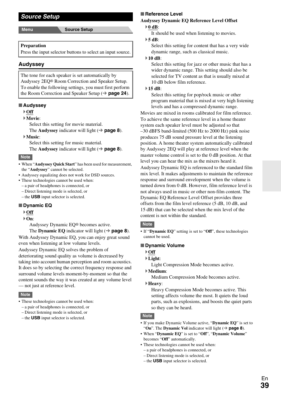 Source setup, Cator, Audyssey | The menu will display the “audyssey, Dynamic eq, Dynamic volume | Onkyo HT-R590 User Manual | Page 39 / 60