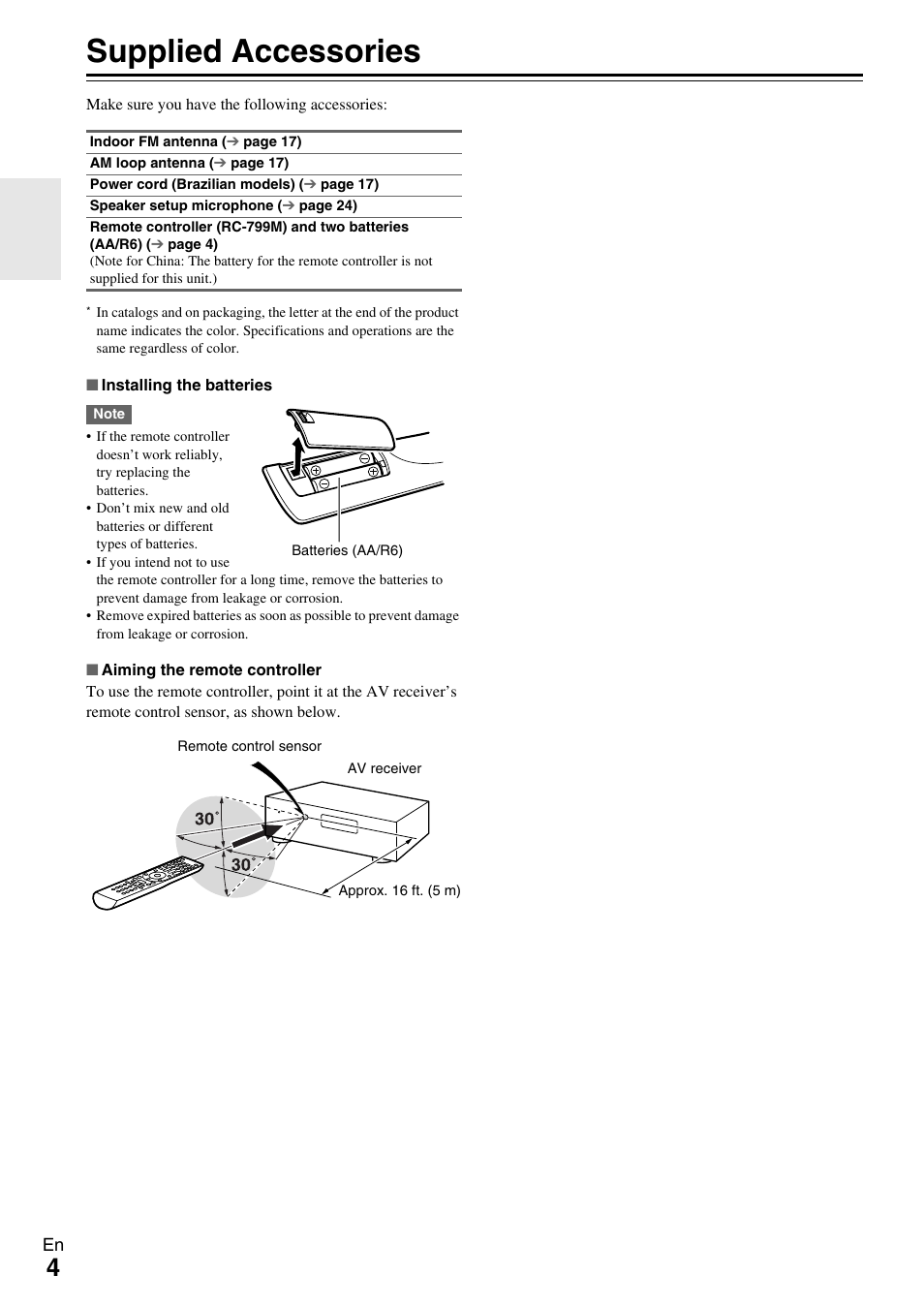 Supplied accessories | Onkyo HT-R590 User Manual | Page 4 / 60