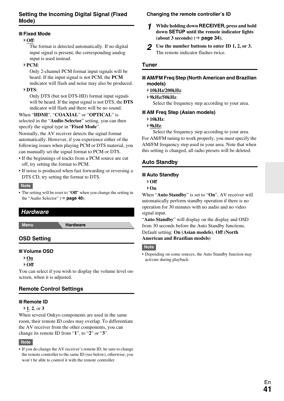 Hardware, Ee “auto standby, Gement setting | Onkyo HT-R590 User Manual | Page 41 / 60