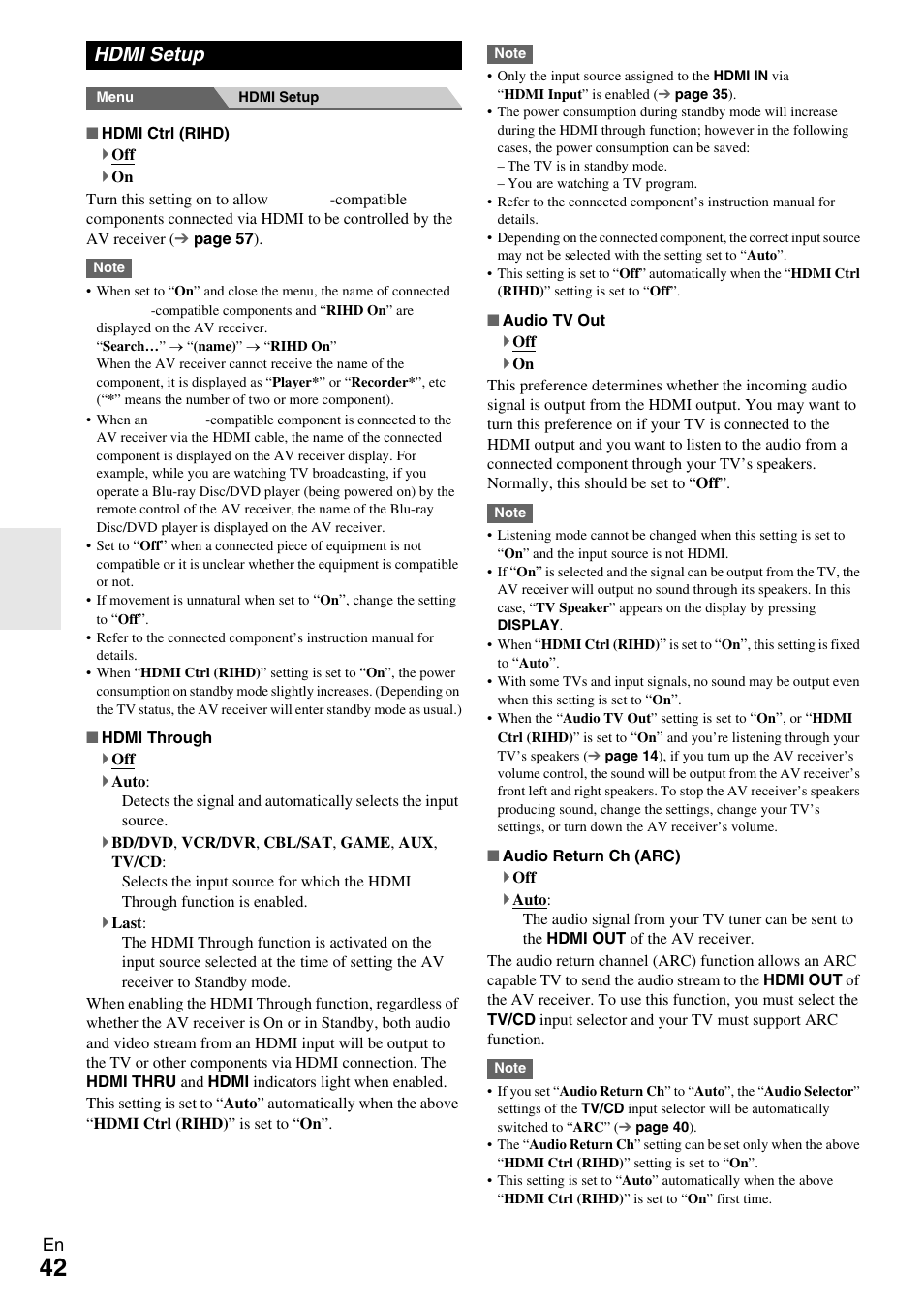 Hdmi setup | Onkyo HT-R590 User Manual | Page 42 / 60