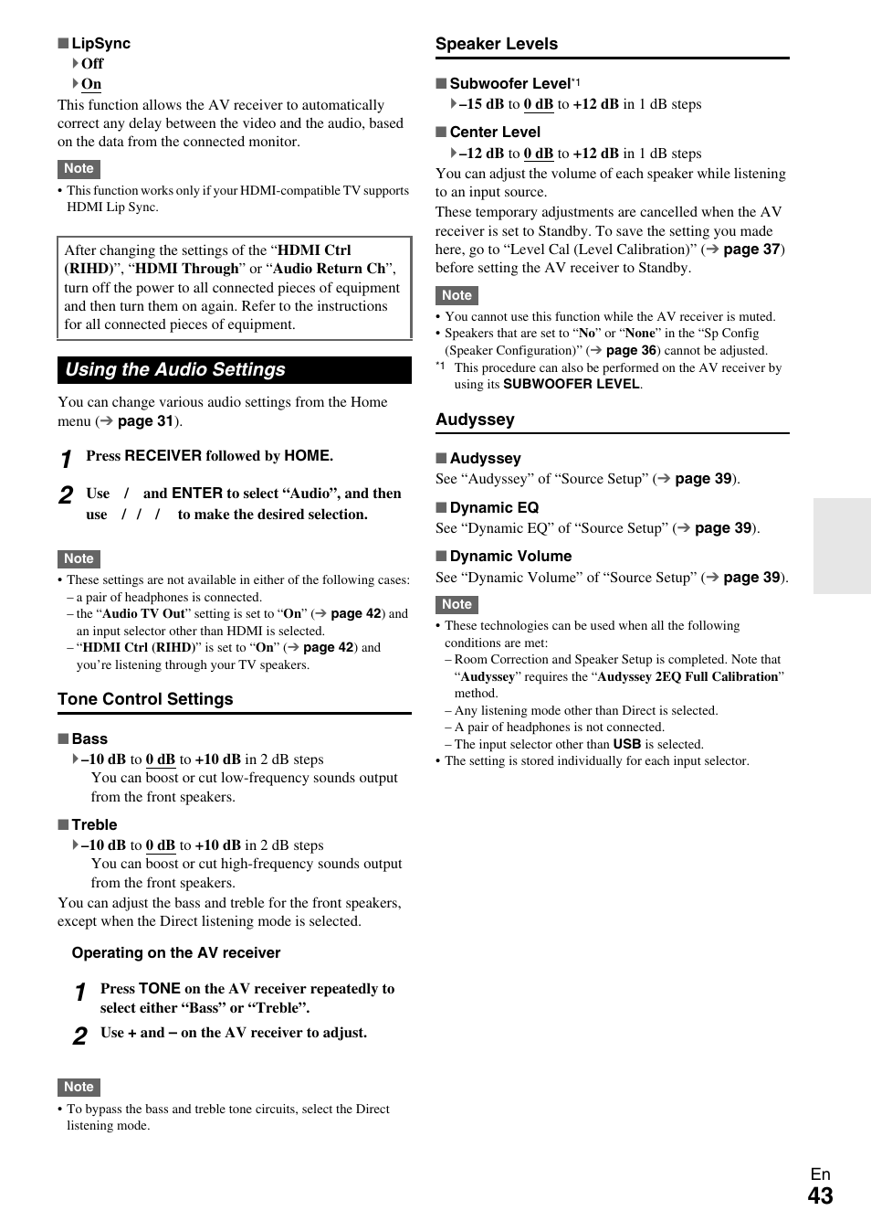 Using the audio settings, Ons (43 | Onkyo HT-R590 User Manual | Page 43 / 60