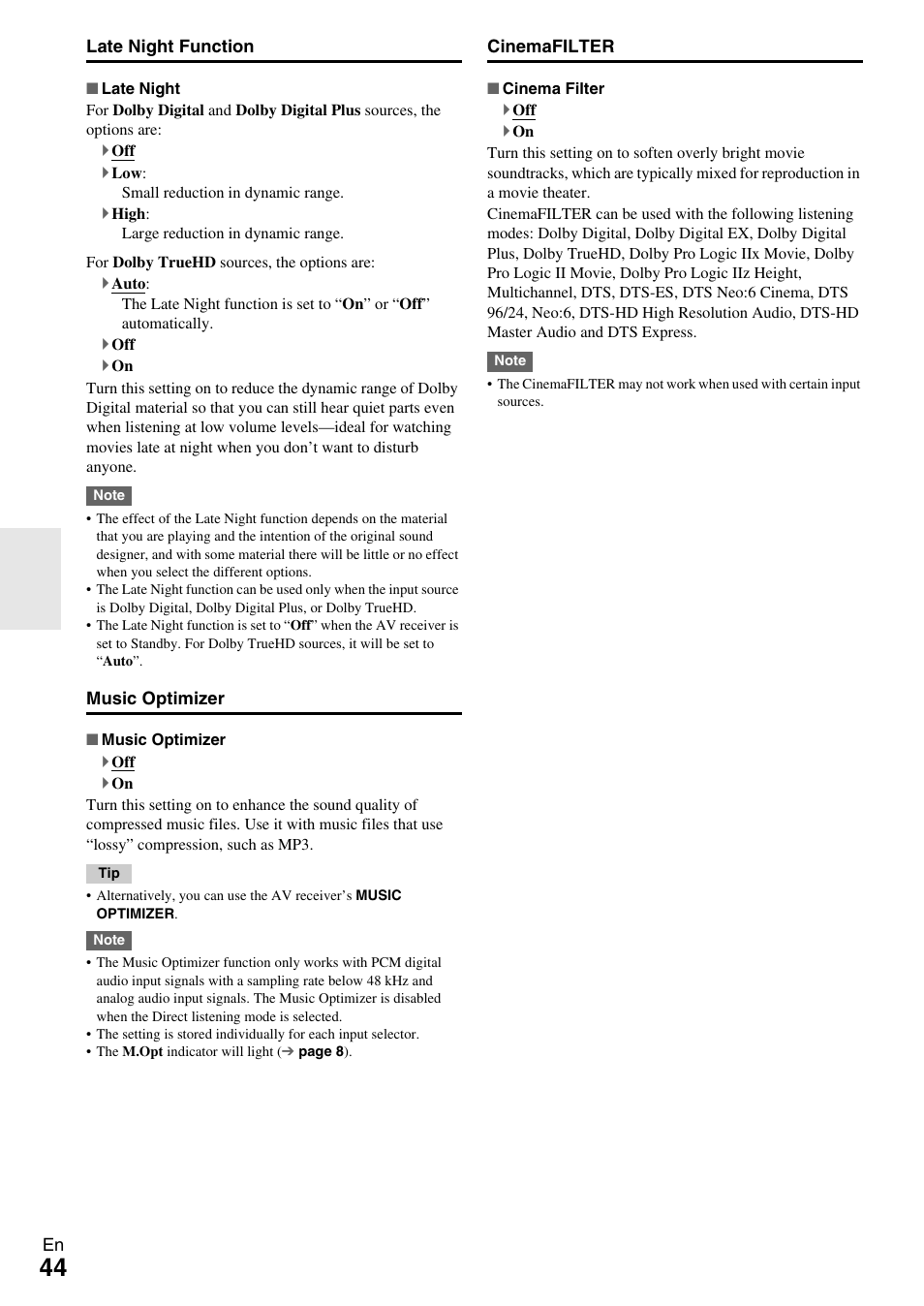 Music optimizer | Onkyo HT-R590 User Manual | Page 44 / 60