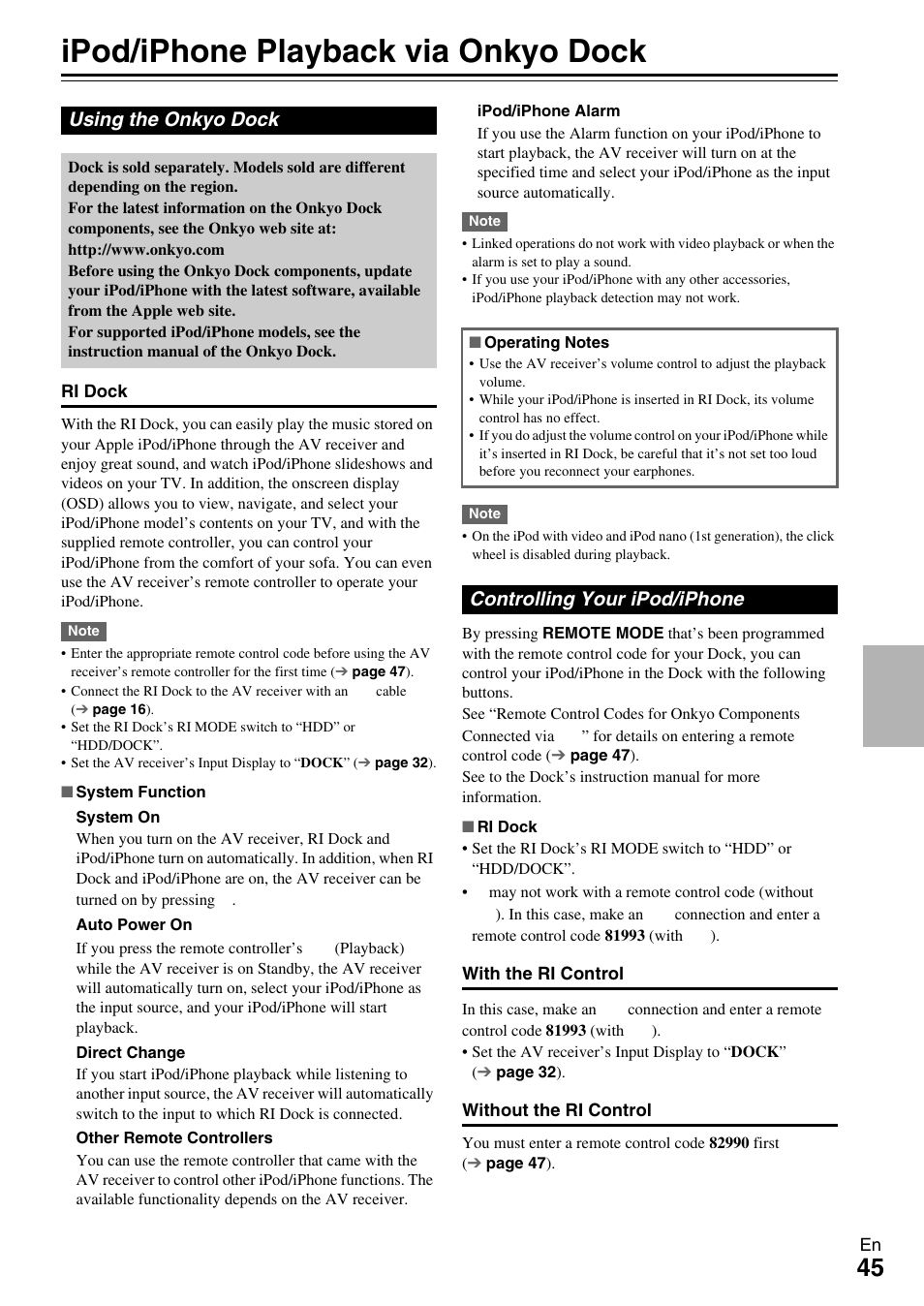 Controlling other components, Ipod/iphone playback via onkyo dock, Using the onkyo dock | Controlling your ipod/iphone, Using the onkyo dock controlling your ipod/iphone | Onkyo HT-R590 User Manual | Page 45 / 60