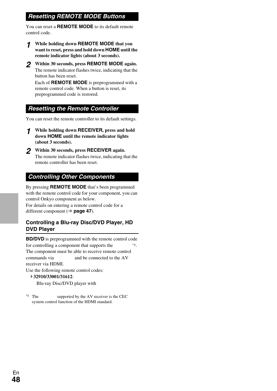 Resetting remote mode buttons, Resetting the remote controller, Controlling other components | Onkyo HT-R590 User Manual | Page 48 / 60