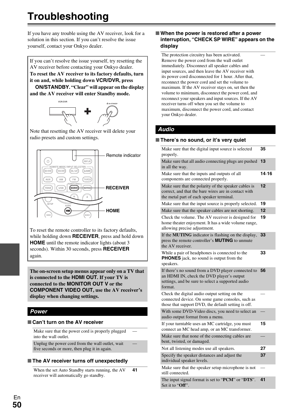 Appendix, Troubleshooting | Onkyo HT-R590 User Manual | Page 50 / 60