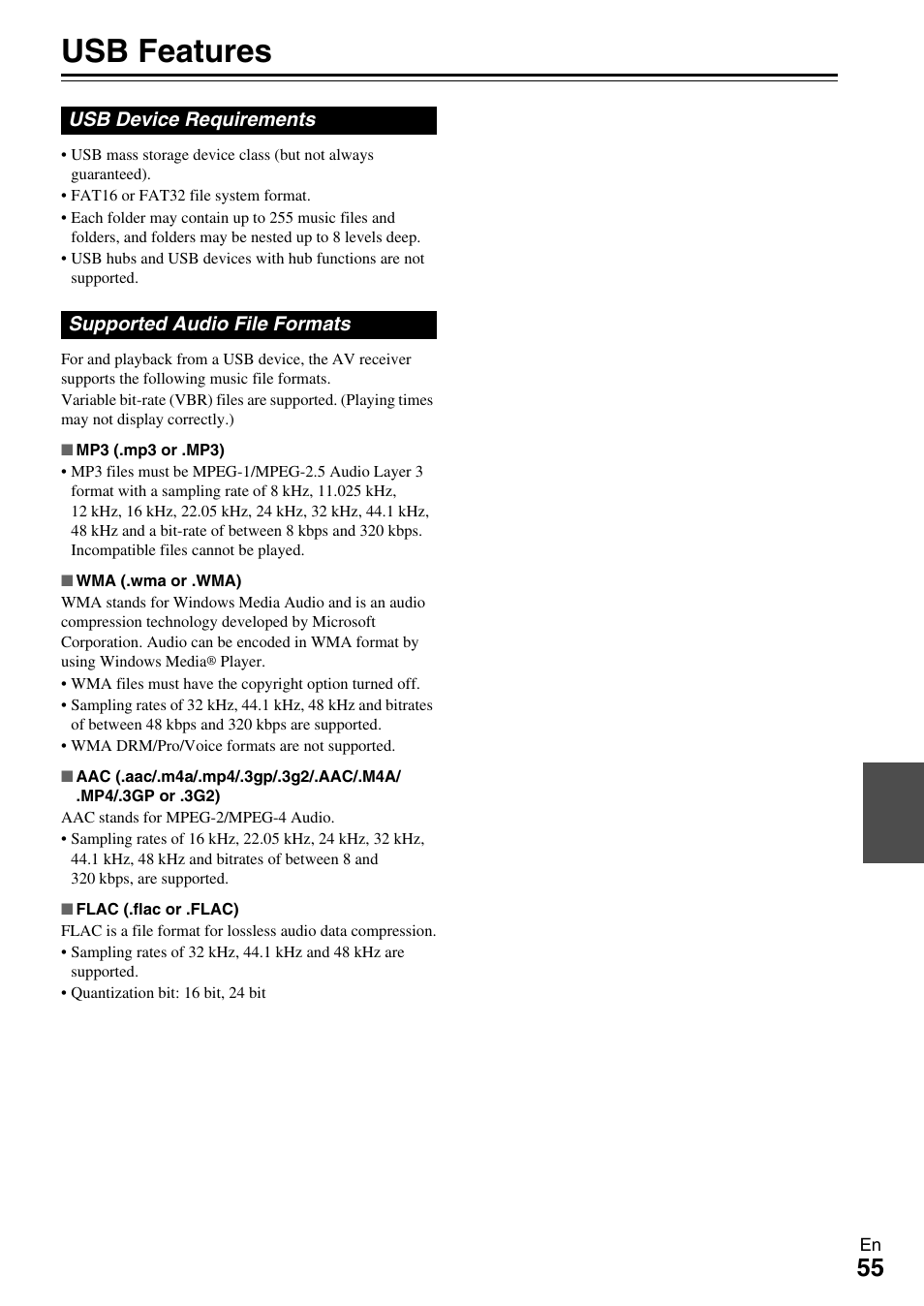 Usb features | Onkyo HT-R590 User Manual | Page 55 / 60