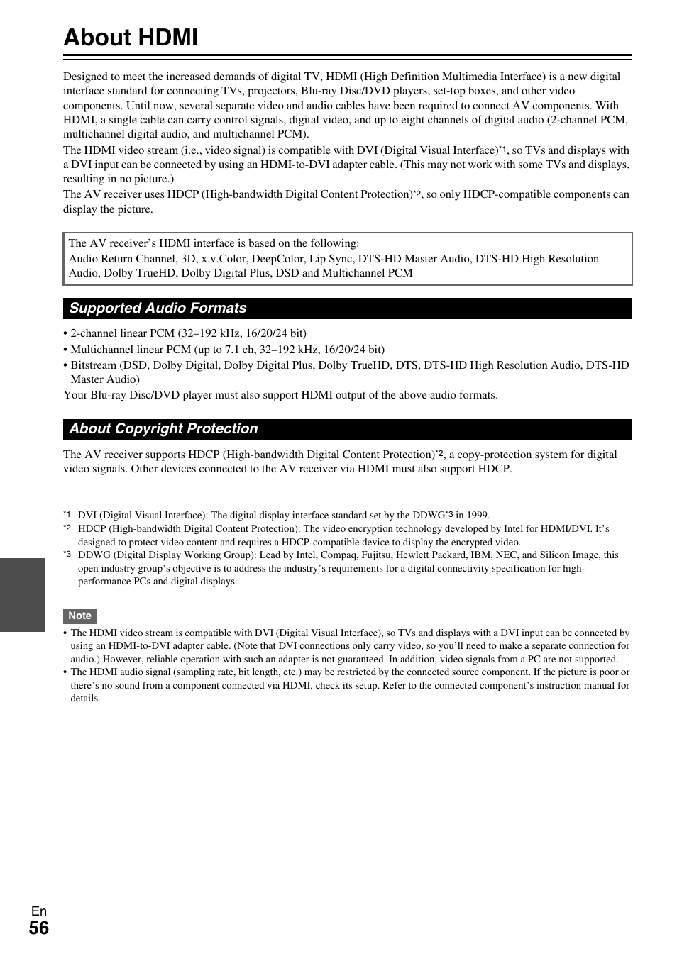 About hdmi, Supported audio formats about copyright protection | Onkyo HT-R590 User Manual | Page 56 / 60