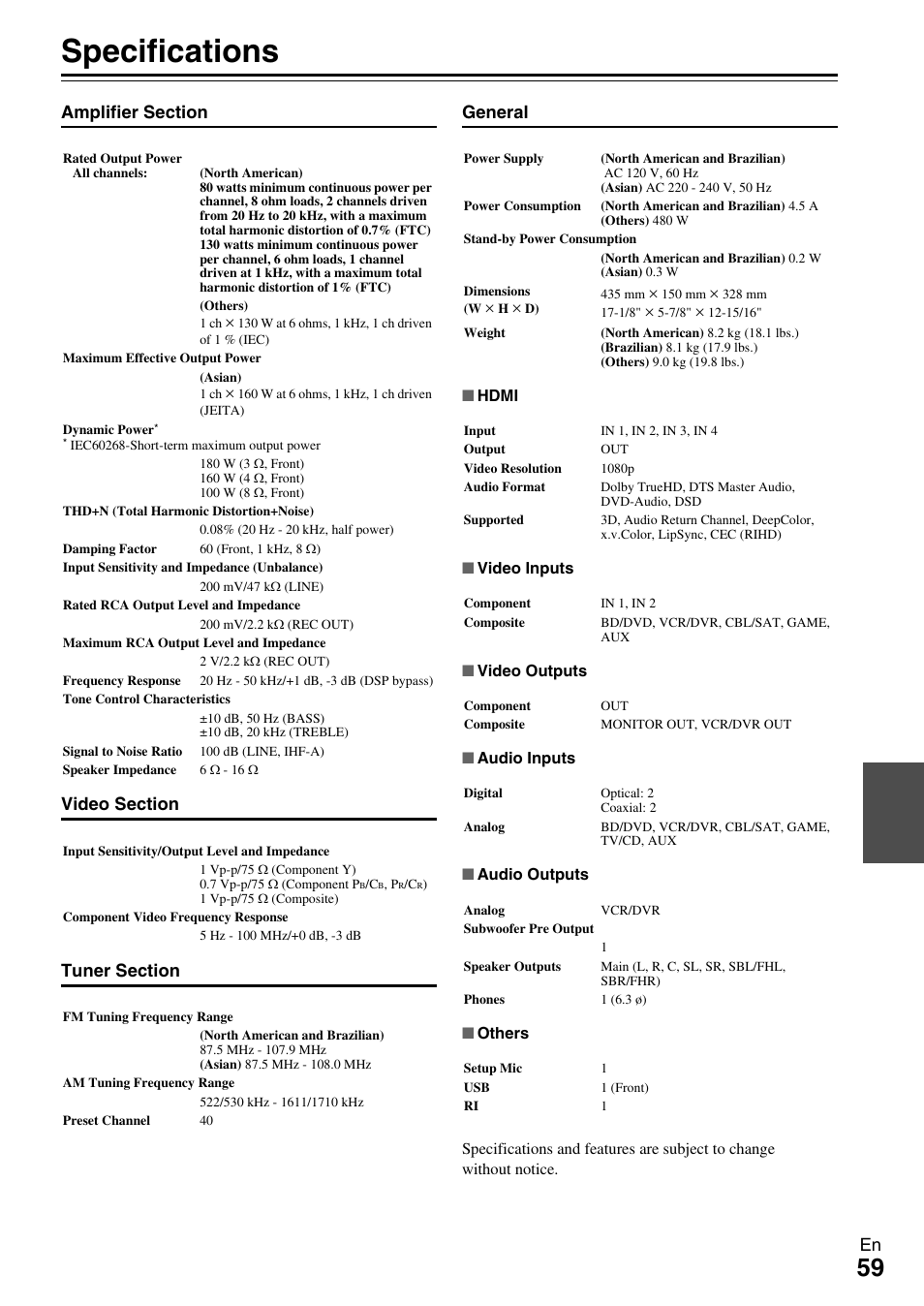 Specifications | Onkyo HT-R590 User Manual | Page 59 / 60